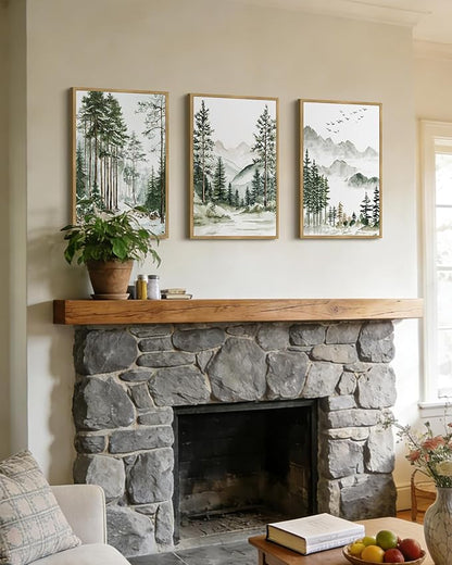 Drsoum Green Tree Forest Framed Wall Art Watercolor Nature Mountain Landscape Prints Morden Wilderness Artwork Bedroom Ready to Hang 16x24in Natural Framed