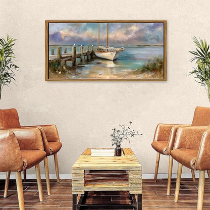 Vintage White Boat Wall Art Framed Coastal Wall Decor Bathroom Bridge Dock Decorations Vintage Ocean Beach Landscape Picture Canvas Prints Seascape Seagull Poster Artwork Living Room Decoration 24x48