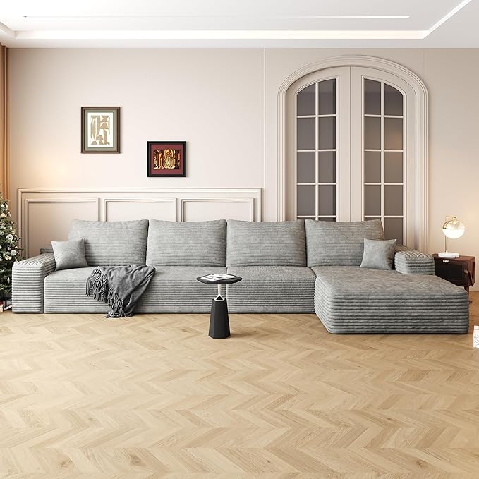 136" Sectional Couches for Living Room Cloud Couch Sofa with L-Shape Upholstered Boneless Couchs Modern Modular Sectional Couch with Chaise (Grey, 136" Right Facing Chaise+3Seaters)