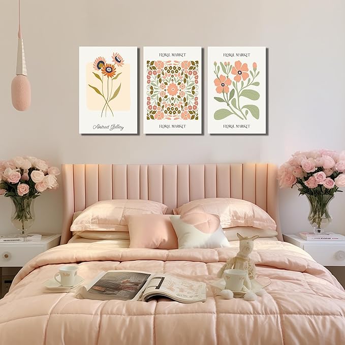 SKYRISE 3 PCS Boho Floral Canvas Wall Art, Rustic Botanical Canvas Paintings Prints ArtWork for Living Room, Vintage Flower Pictures for Farmhouse Dining Room Hallway Bedroom Wall Decor 16"x24"