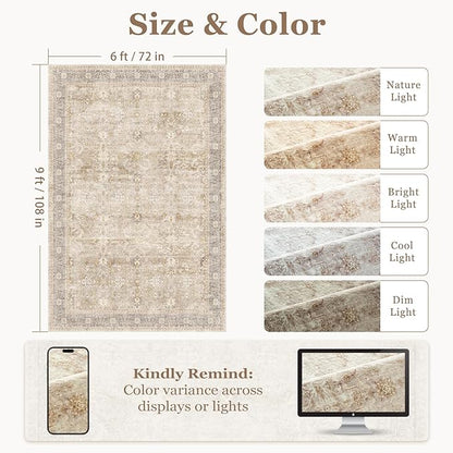 Beige Taupe Area Rug 6x9, Vintage Neutral Earth Tone Rugs for Living Room Bedroom, Washable Non Slip Low Pile Thin Carpet Rug for Dining Room Playroom Guest Room Home Office