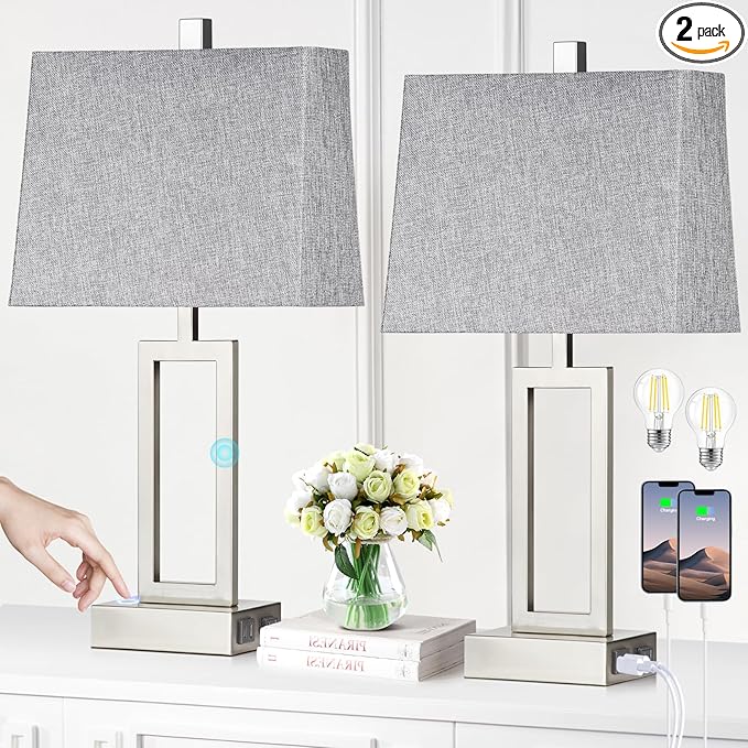 Rinweey 23.5" Touch Control Table Lamps Set of 2, Modern Silver Bedside Lamps with USB A+C Ports & AC Outlet, 3 Way Dimmable Contemporary Nightstand Lamps for Bedroom Living Room(2 LED Bulb Included)