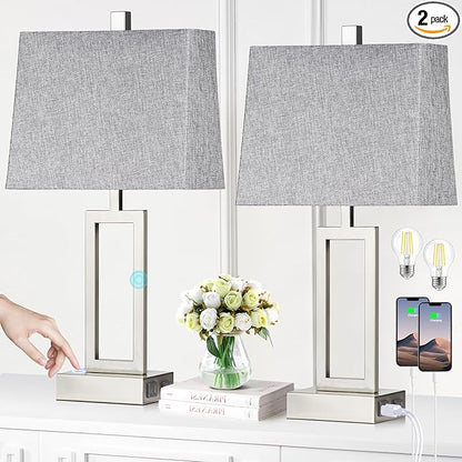 Rinweey 23.5" Touch Control Table Lamps Set of 2, Modern Silver Bedside Lamps with USB A+C Ports & AC Outlet, 3 Way Dimmable Contemporary Nightstand Lamps for Bedroom Living Room(2 LED Bulb Included)