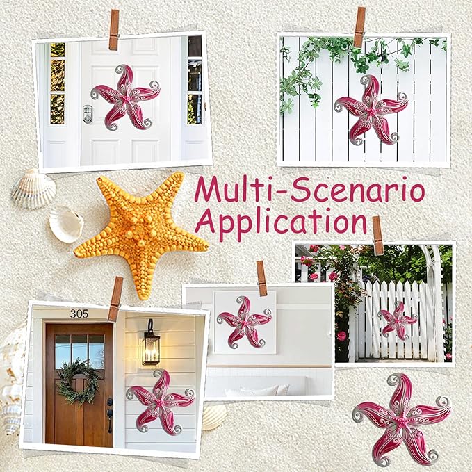 POXOHO Starfish Outdoor Wall Decor Art, 12" Hanging Metal & Glass Sculpturefor Indoor Outdoor, Starfish Yard Patio Fence Garden Decorations(Pink)