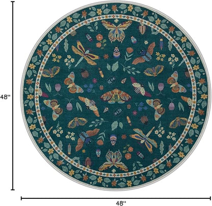 Lahome Insect Washable Round Rugs, Non-Slip Soft Round Rug 4ft Ultra-Thin, Small Boho Circle Carpet for Entryway Kitchen Bedroom Nursery Bathroom Vionnet, Dark Green