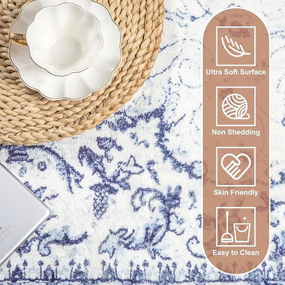 Sofrug Area Rug 8x10 - Vintage Floral Honeycomb Non Slip Backing Carpet - Blue Softer Thicker Faux Wool Rug - Lightweight Machine Washable Rugs for Living Room Bedroom Dining Room Home Office