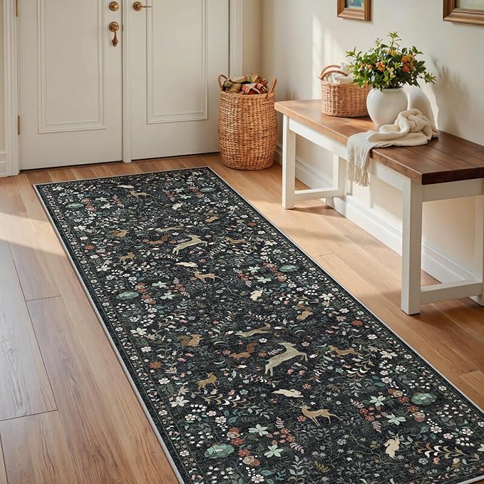 Runner Rug Washable Runners Kitchen Rugs Non Slip Neutral Floral Carpet Low Pile for Indoor Hallways Entryway Living Room Bedroom Laundry Soft Mat 2'6''x8' Black