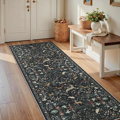 Runner Rug Washable Runners Kitchen Rugs Non Slip Neutral Floral Carpet Low Pile for Indoor Hallways Entryway Living Room Bedroom Laundry Soft Mat 2'6''x8' Black
