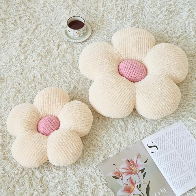 Flower Pillow, Decorative Throw Pillow for Couch, Cute Decor Pillows for Bed, Aesthetic Flower Shaped Pillow Fun Cushion (Ivory White, 14.9 Inches)