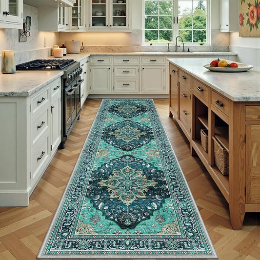 RELEANY Area Rugs 2'x7' Runner Rug Non Slip Washable for Kitchen Hallway Bedroom Beside Laundry Room Bathroom Rug, Floor Carpet, Teal Green Lake Blue Turquoise