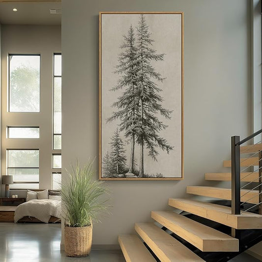 Large Framed Vertical Vintage Pine Tree Wall Art for Living Room, Neutral Sketch Rustic Classic Beige Canvas Artwork for Walls, Nordic Forest Farmhouse Wall Decor for Bedroom Hallway Office, 30x60 In