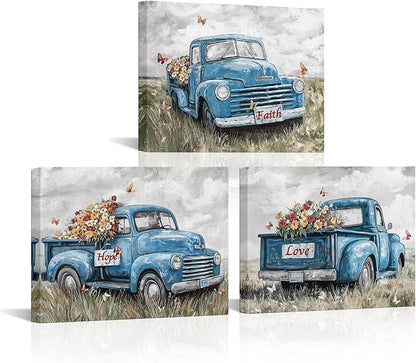 sechars Truck Wall Art Canvas Vintage Farmhouse Decor Faith Hope Love Floral Painting Prints (Blue)
