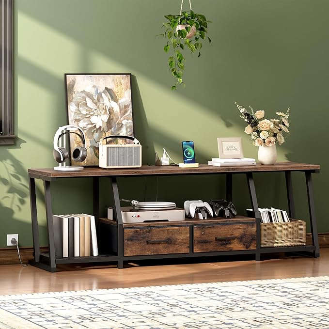 RALGEND LED TV Stand for 75 Inch TV, Entertainment Center with Open Shelves and Power Outlets, TV Console Table with Fabric Drawers, Media Console for Living Room, Bedroom, Rustic Brown and Black
