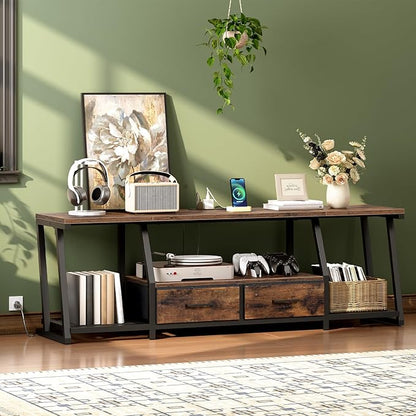 RALGEND LED TV Stand for 75 Inch TV, Entertainment Center with Open Shelves and Power Outlets, TV Console Table with Fabric Drawers, Media Console for Living Room, Bedroom, Rustic Brown and Black