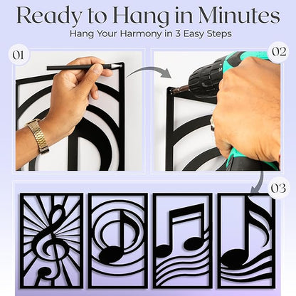 GALLERY GRACE Metal Wall Art Decor – 11" x 16" Set of 4 Single Line Abstract Wall Art for Living Room, Office, or Studio – Modern Minimalist Black Wall Decor with Music Note and Symbol Panels