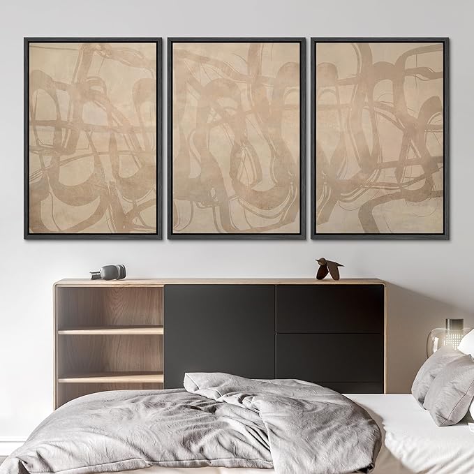 SIGNLEADER Framed Canvas Print Wall Art Set Beige Modern Abstract Line Art Illustrations Minimal Decorative Bohemian for Living Room, Bedroom, Office - 24"x36"x3 Black