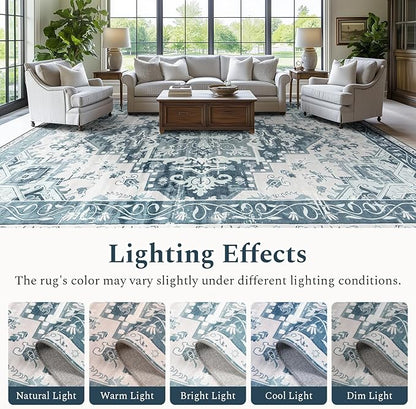 Rugflix 9x12 Area Rug for Living Room, Machine Washable Area Rugs with Non-Slip Backing, Large Soft Boho Vintage Rug for Bedroom, Dining Room, Low Pile Carpet, Kids Pet Friendly, Blue