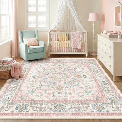 CAPALOCA Machine Washable Rugs Nursery Rug Sq6ft Cute Girl Non Slip Low Pile Water Repellent Soft Print Pattern for Bedroom Indoor Decor Kids Playroom Pink Teal