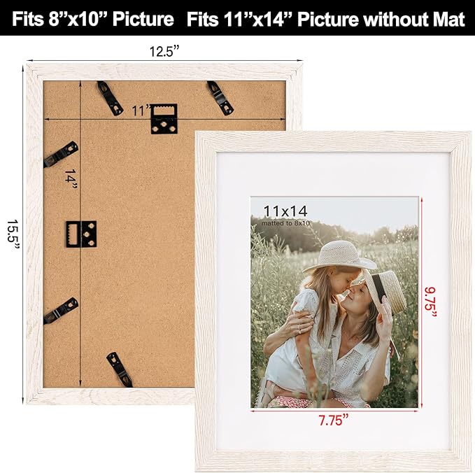 Momentworth 11x14 Picture Frame with Mat for 8x10 Set of 4, Rustic White Wood Grain 11 x 14 Gallery Wall Picture Frames for Wall Mounting(4 Pack, White)