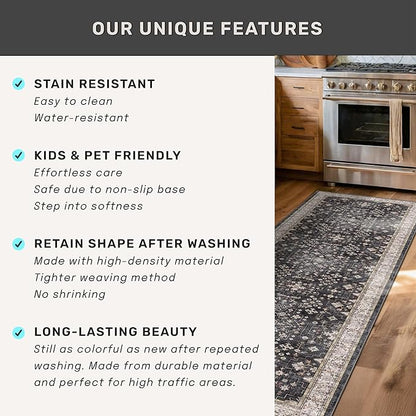 Black Boho Washable 2x10 Hallway Runner Rug - Extra Long Runners for Kitchen, Bathroom, Stair, Non-Slip Floor Carpet Rugs for Large Entryway Indoor, Vintage Multi Ashen Floral Decor