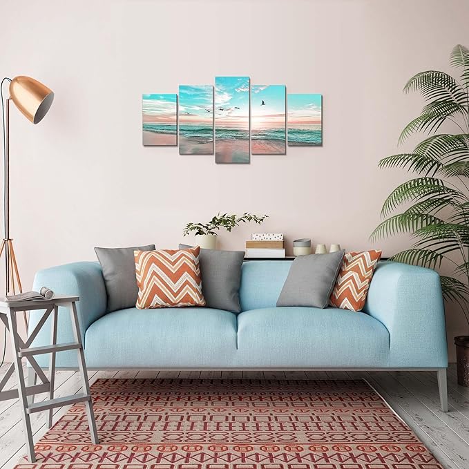 EPHANY Abstract Ocean Beach Wall Art - Blue Sea Landscape, Office Wall Decor, 5pcs (40"x20")