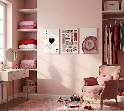 3pcs Trendy Vintage Matchbox Canvas Wall Art Red Lucky Pool Ball Ace Of Hearts Wall Decor Pictures Fashion Coquette Preppy Posters Prints For Bedroom Dorm Scene Home Decoration Prepare To Hang