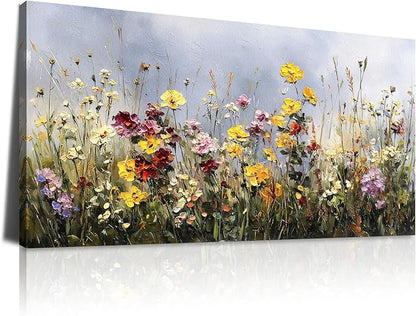 BQVCT Wildflower Meadow Canvas Wall Art 20x40 Inch Floral Botanical Painting Print on Framed Canvas Vibrant Colorful Garden Landscape Wall Decor for Living Room Bedroom Office