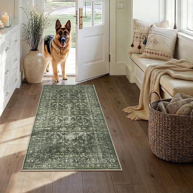 2x4 Green Runner Rug Hallway Washable Area Rugs Kitchen Vintage Boho Non Slip Long Rug Floral Carpet Indoor Retro Soft Low Pile Throw Rug for Bedroom Bathroom Laundry Dining Living Room Office