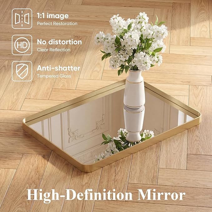 OLIXIS Bathroom Mirror for Over Sink, 30x22 Inch Wall Rounded Rectangle Mirror with Matte Metal Framed, Modern Wall Mount Vanity Mirror for Home Decor, Living Room, Bedroom, Gold
