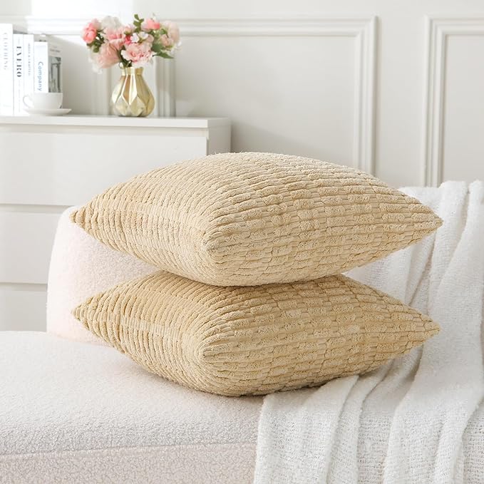 2 Pack Corduroy Decorative Throw Pillow with Inserts, 18x18 Inch Soft Boho Throw Pillow, Square Striped Throw Pillows for Couch, Bed, Sofa Decor (Creamy Beige)