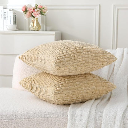 2 Pack Corduroy Decorative Throw Pillow with Inserts, 18x18 Inch Soft Boho Throw Pillow, Square Striped Throw Pillows for Couch, Bed, Sofa Decor (Creamy Beige)