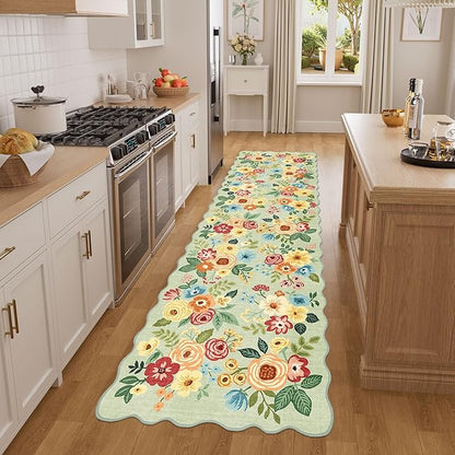 DUKINO Washable Runner Rug, 2x7 Lightweight Soft Floral Hallway Rug Runner with Low Pile Design, Non Shedding & Non Slip Backing Thin Indoor Carpet for Bedroom, Bathroom, Entrance, Kitchen, Green