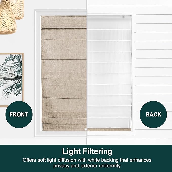 CHICOLOGY Cordless Roman Shade, Light Filtering Privacy Liner, Textured Belgian Flax Fabric, True-to-Size 48" W x 72" H, Inside/Outside/Ceiling Mount Window Treatment for Living Room Bedroom