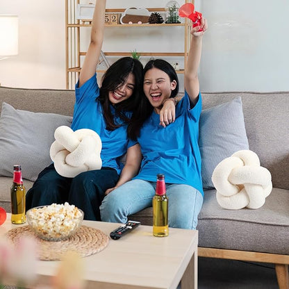 Beeveer 2 Pcs Knot Pillow Ball 12 Inch Soft Decorative Teddy Boucle Knot Throw Pillows for Home Bed Couch Living Room Decor(Ivory)