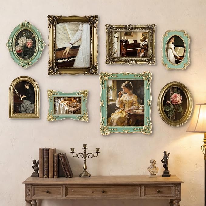Lineshading 8 Pcs Gold and Green Picture Vintage Gallery Wall Frame Set Including 8x10, 5x7, 4x6 Antique Resin Picture Frame Collage Baroque Victorian for Wall Tabletop Display for Bedroom Living Room