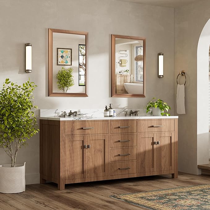 24x36 Inch Bathroom Mirror for Wall, Anti-Rust Walnut Wood Grain Metal Framed Bathroom Mirrors for Over Sink,Rectangler Mirrors for Bathroom Vanity, Farmhouse, Bedroom, Living Room, Entryway Decor