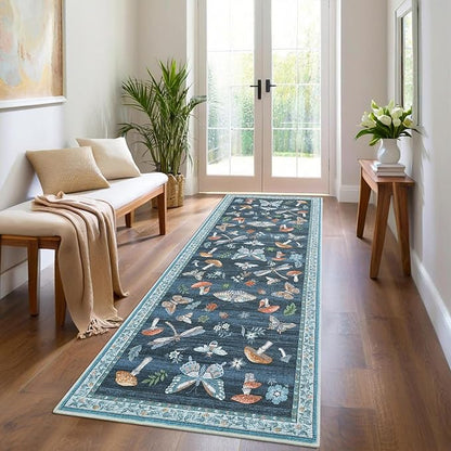ROYHOME Mushroom Insect Rug 2x6 Runners for Hallways, Boho Kitchen Runner Rugs Non Slip Bath, Modern Washable Rug for Bedroom, Soft Long Rugs for Entryway Bathroom Laundry Dorm, Blue