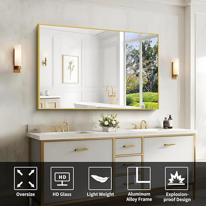 COFENY Gold Bathroom Mirror for Wall, 60x36 Inch Rectangle Mirrors with Metal Frame, Modern Vanity Wall Mirror Decor for Bathroom Living Room, Entryway Hangs Horizontal or Vertical