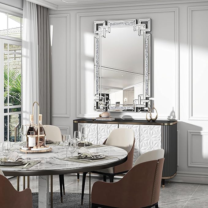 Crystal Crush Diamond Mirror-30 x47 Silver Mirror, Gorgeous Wall Mirror, Rectangle Mirrors for Wall Bathroom, Bedroom, Dining Room and Living Room