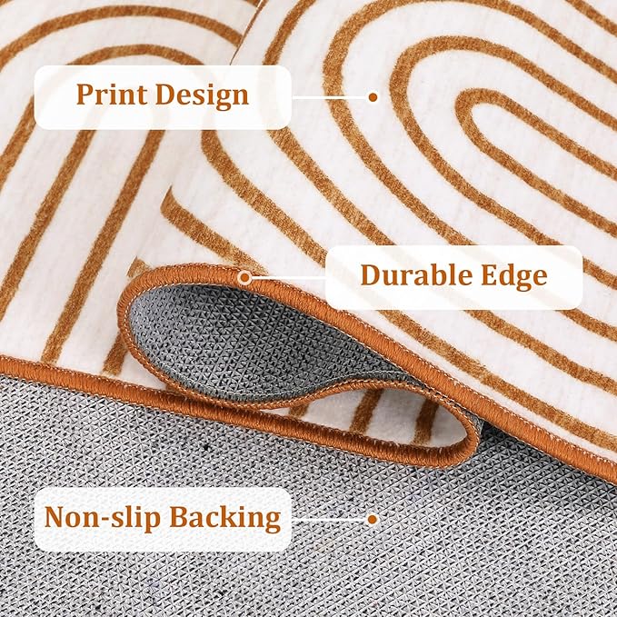 ROYHOME Washable Rug 9x12 Area Rugs for Living Room, Abstract Rug for Bedroom, Soft Rainbow Non Slip Throw Rugs with Rubber, Low Pile Stain Resistant Boho Geometric Carpet for Dining Room, Orange