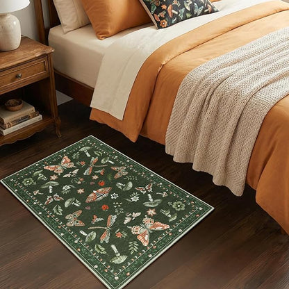 Mushroom Whimsical Cottage Core Small Rug 2x3 Washable Door Mat Indoor Rugs for Entryway Non-Slip Soft Insect Bug Butterfly Funky Decor for Bedroom Kitchen Olive Green