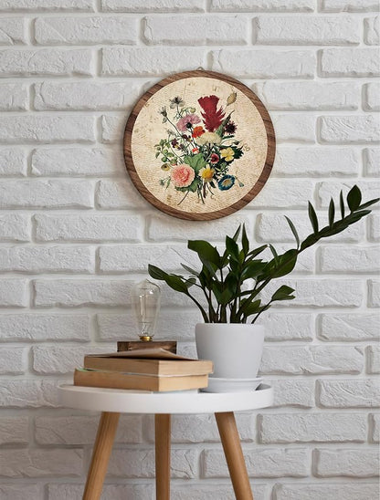 Vintage Floral Boho Hanging Wall Decor, Farmhouse Botanical Neutral Round Wooden Wall Art, Natural Flowers Western Boho Decorations for Living Room Bedroom Bathroom Kitchen Office Apartment Home, 01