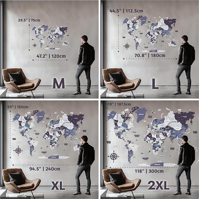 Colorfull Worlds 3D Wooden World Map Wall Art - Premium Multicolored World Travel Map for Wall Decor with Push Pins- Ideal Housewarming Gift & Travel Tracker (XXLarge, Nimbus)