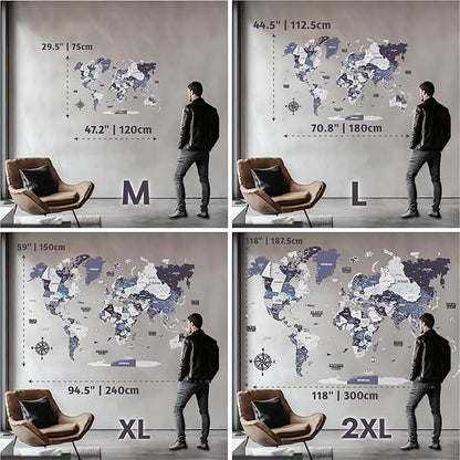 Colorfull Worlds 3D Wooden World Map Wall Art - Premium Multicolored World Travel Map for Wall Decor with Push Pins- Ideal Housewarming Gift & Travel Tracker (XXLarge, Navy)