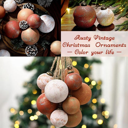 12Pcs 2.36'' Large Rustic Vintage Neutral Textured Farmhouse Brown 2025 Christmas Ornaments Ball for Christmas Tree Decor,Boho Orange Copper Hanging Xmas Ornaments Shatterproof Ball for Home Decor