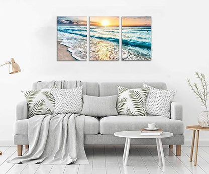 TutuBeer 3 Panel Canvas Wall Art for Home Decor Blue Sea Sunset White Beach Painting the Picture Print on Canvas Seascape the Pictures For Home Decor Decoration,Ready to Hang