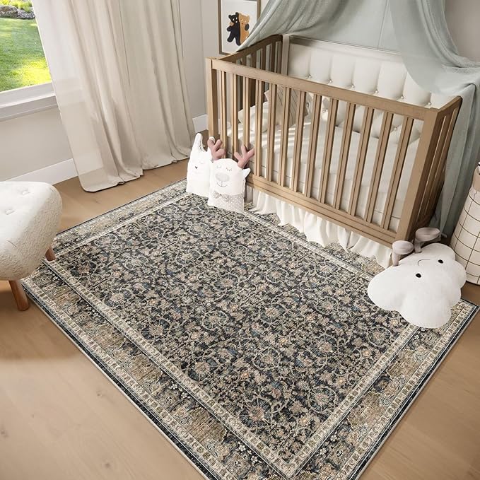Washable 4x6 Rugs for Living Room, Boho Non-Slip Vintage Distress Small Rugs for Bedroom Nursery Office, 0.3" Neutral Oriental Throw Thin Carpet with Cushioning Pad,Black/Blue/Multi,A1