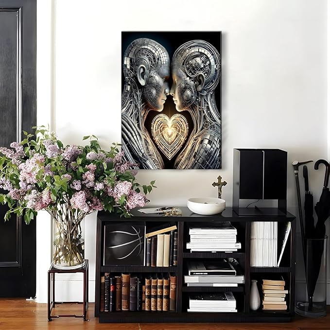 Framed 3D Love Wall Art Canvas Mural Futurist Gallery Couple Fantasy Robot Romantic Poster Art Bedroom Living Room Office Game Room High tech Aesthetic Decoration 16x24 inches