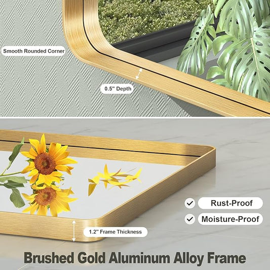 55x36 Inch Gold Framed Bathroom Mirror, Rectangle Brushed Gold Metal Vanity Mirror, Large Modern Mirror for Wall, Rounded Corner, Tempered Glass, Anti-Rust, Shatterproof (Horizontal/Vertical)