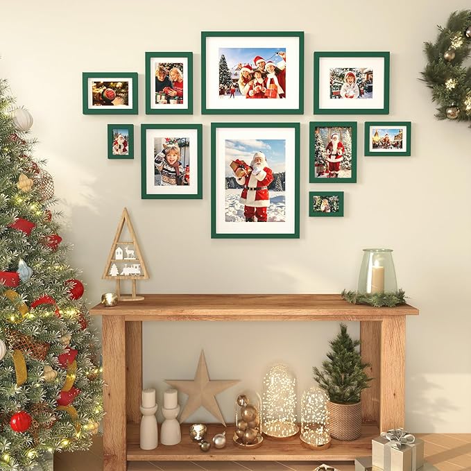 KINLINK 11x14 Picture Frame Green, Solid Wood Frames with Acrylic Plexiglass for Pictures 5x7/8x10 with Mat or 11x14 without Mat, Tabletop and Wall Mounting Display, Set of 4